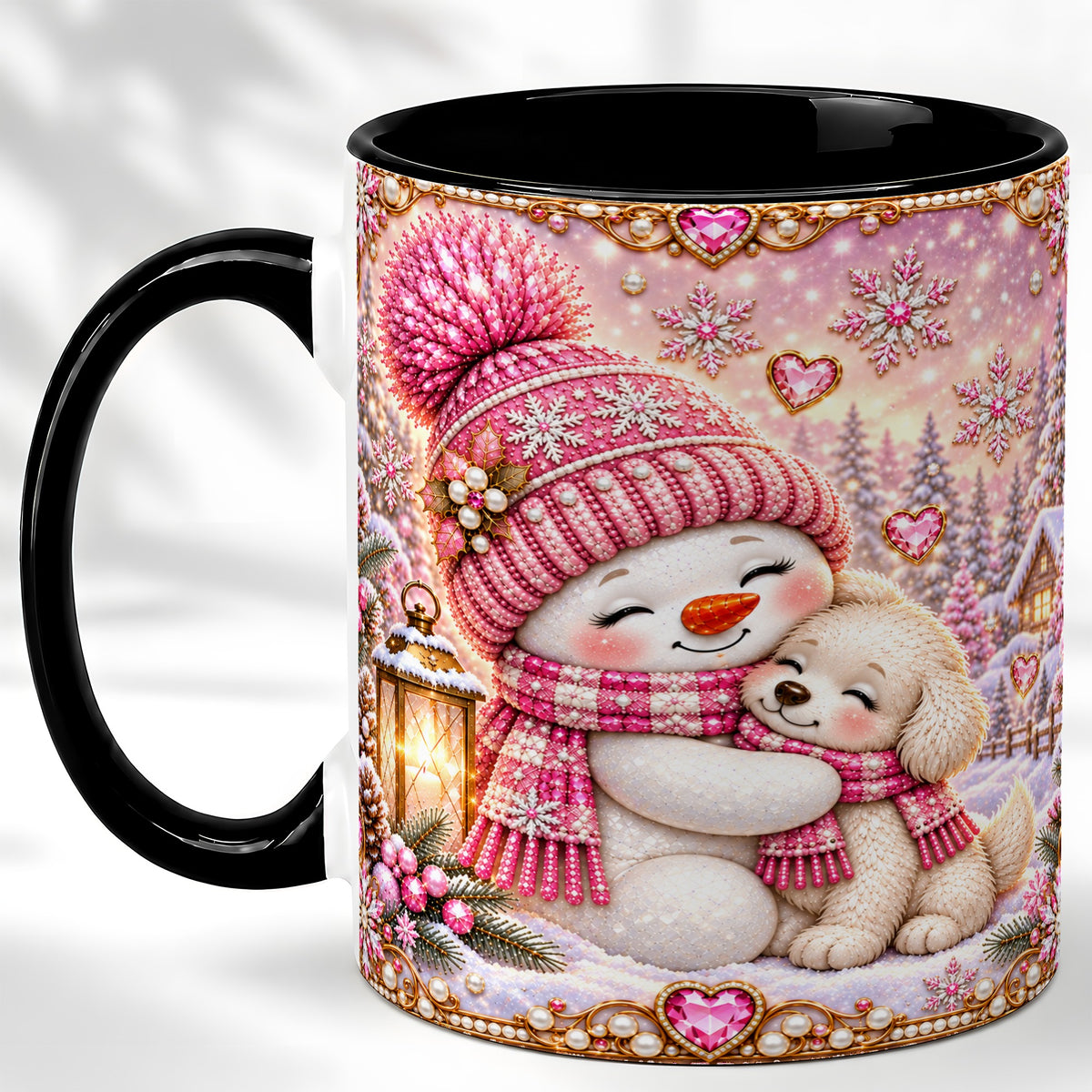 #pl[11oz|Black] Pink Snowman Dog Coffee Mug, Winter Mug, Ceramic Cup