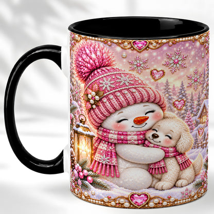 #pl[11oz|Black] Pink Snowman Dog Coffee Mug, Winter Mug, Ceramic Cup