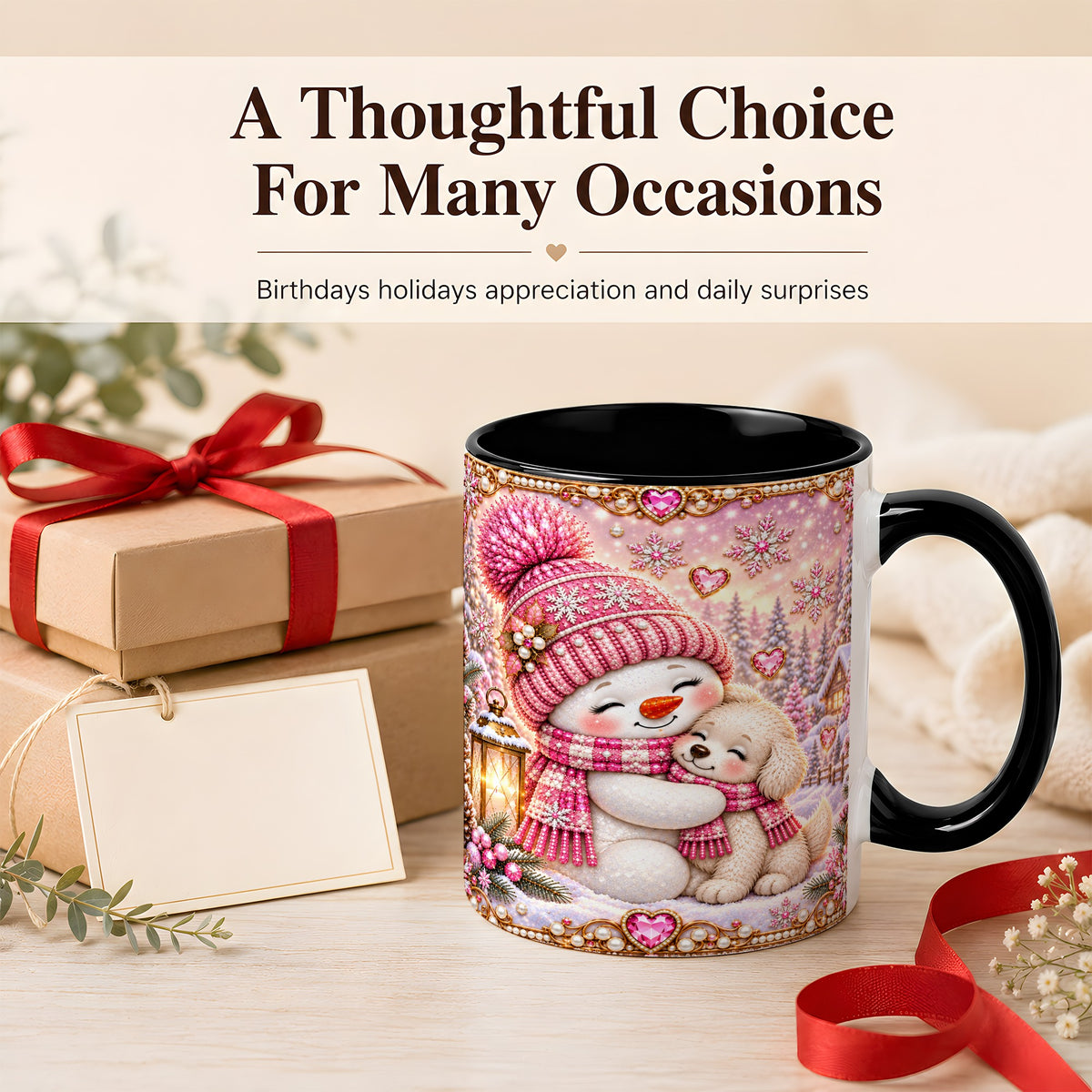 #pl[11oz|Black] Pink Snowman Dog Coffee Mug, Winter Mug, Ceramic Cup