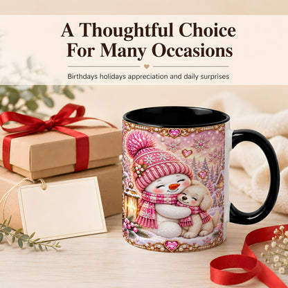 #pl[11oz|Black] Pink Snowman Dog Coffee Mug, Winter Mug, Ceramic Cup
