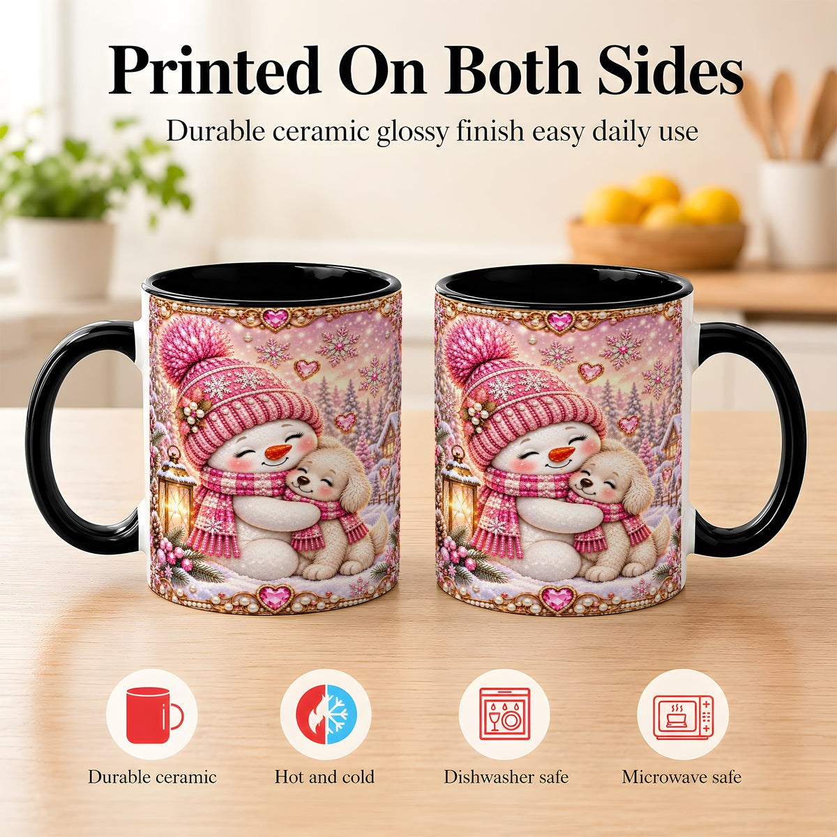 #pl[11oz|Black] Pink Snowman Dog Coffee Mug, Winter Mug, Ceramic Cup