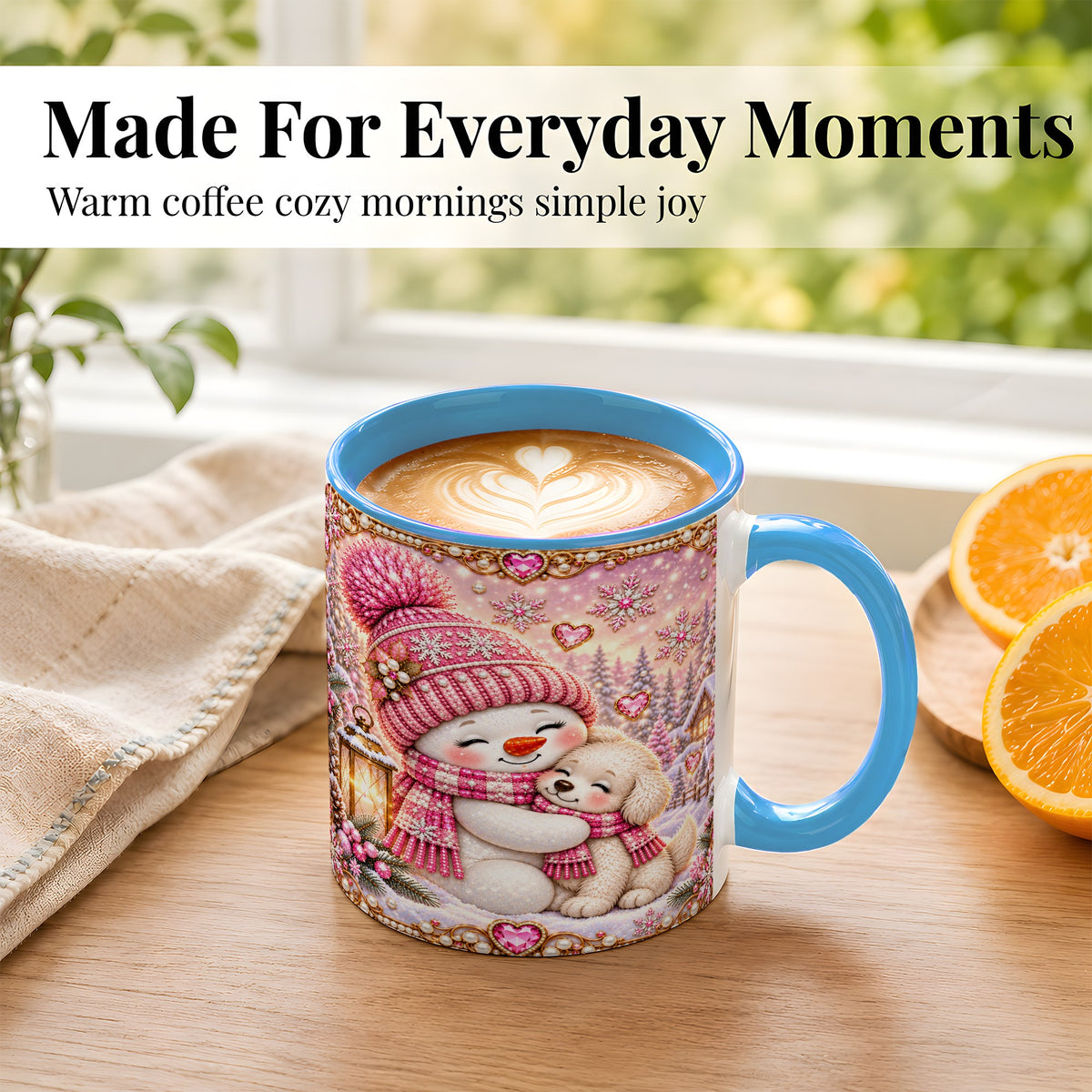 #pl[11oz|Blue] Pink Snowman Dog Coffee Mug, Winter Mug, Ceramic Cup