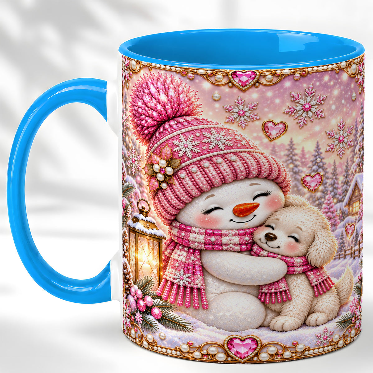 #pl[11oz|Blue] Pink Snowman Dog Coffee Mug, Winter Mug, Ceramic Cup