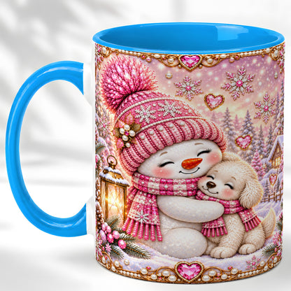 #pl[11oz|Blue] Pink Snowman Dog Coffee Mug, Winter Mug, Ceramic Cup