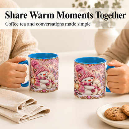 #pl[11oz|Blue] Pink Snowman Dog Coffee Mug, Winter Mug, Ceramic Cup