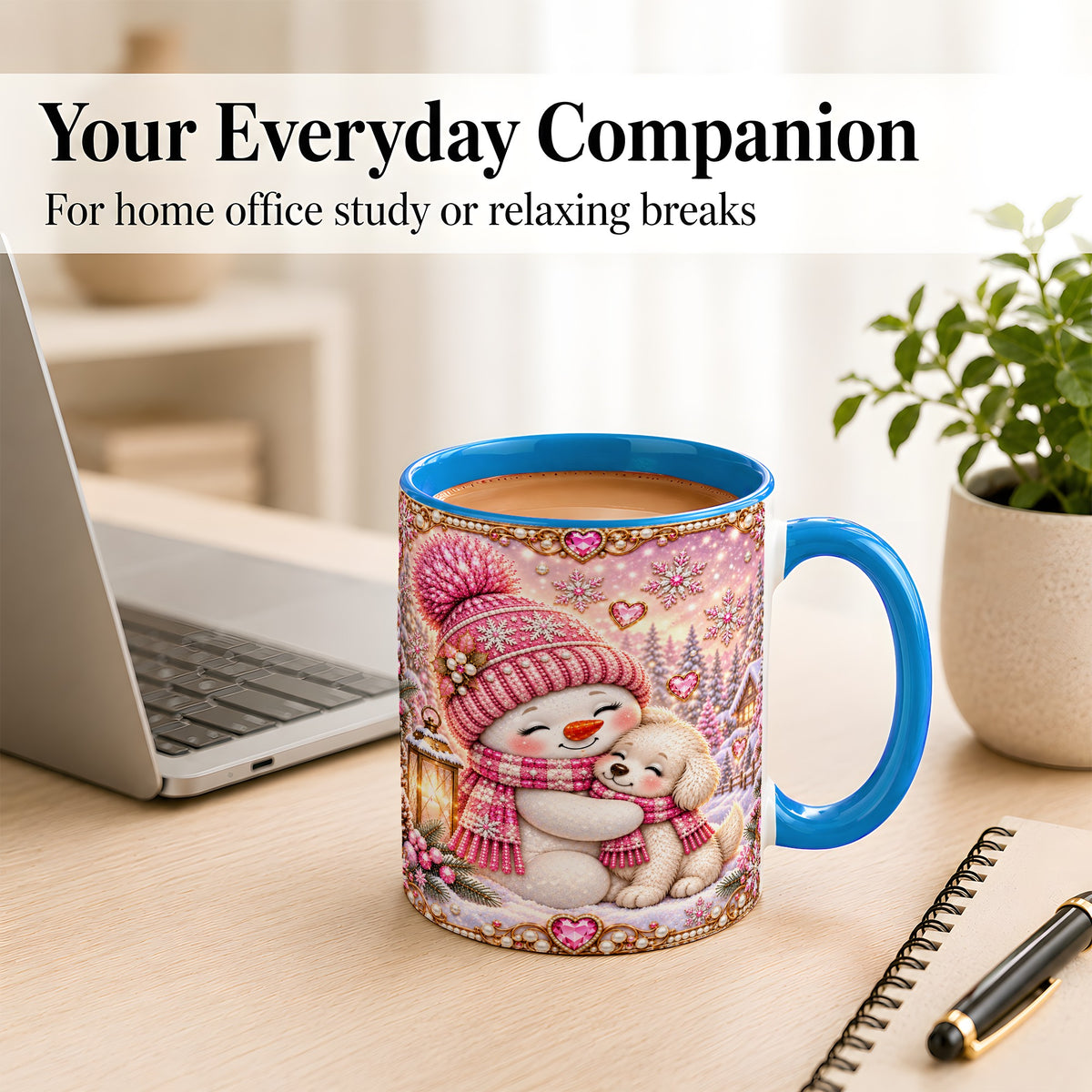 #pl[11oz|Blue] Pink Snowman Dog Coffee Mug, Winter Mug, Ceramic Cup