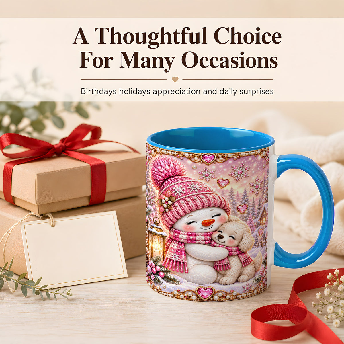 #pl[11oz|Blue] Pink Snowman Dog Coffee Mug, Winter Mug, Ceramic Cup