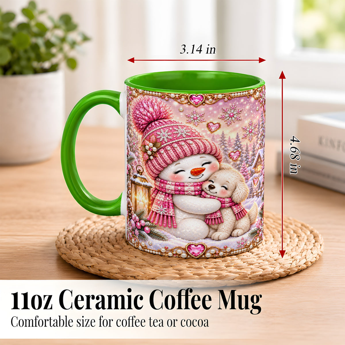 #pl[11oz|Green] Pink Snowman Dog Coffee Mug, Winter Mug, Ceramic Cup