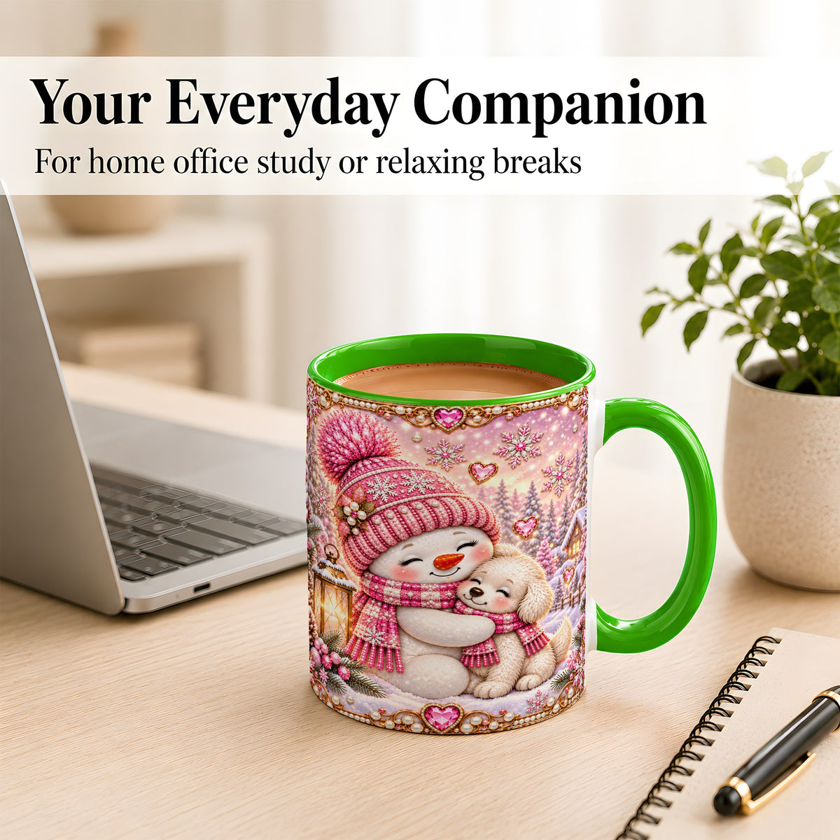 #pl[11oz|Green] Pink Snowman Dog Coffee Mug, Winter Mug, Ceramic Cup