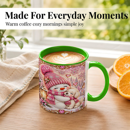 #pl[11oz|Green] Pink Snowman Dog Coffee Mug, Winter Mug, Ceramic Cup