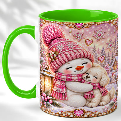 #pl[11oz|Green] Pink Snowman Dog Coffee Mug, Winter Mug, Ceramic Cup