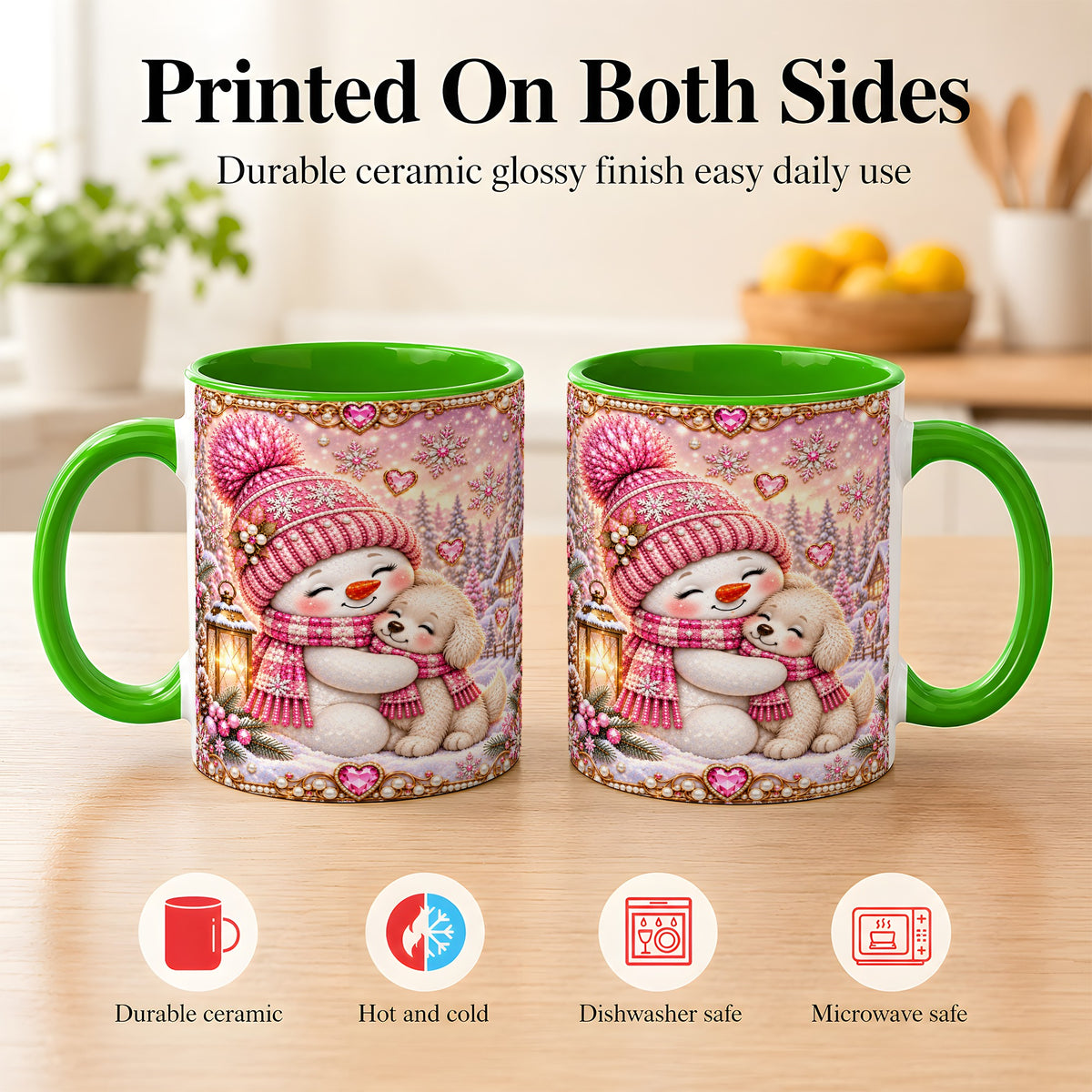 #pl[11oz|Green] Pink Snowman Dog Coffee Mug, Winter Mug, Ceramic Cup