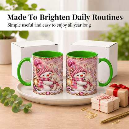 #pl[11oz|Green] Pink Snowman Dog Coffee Mug, Winter Mug, Ceramic Cup