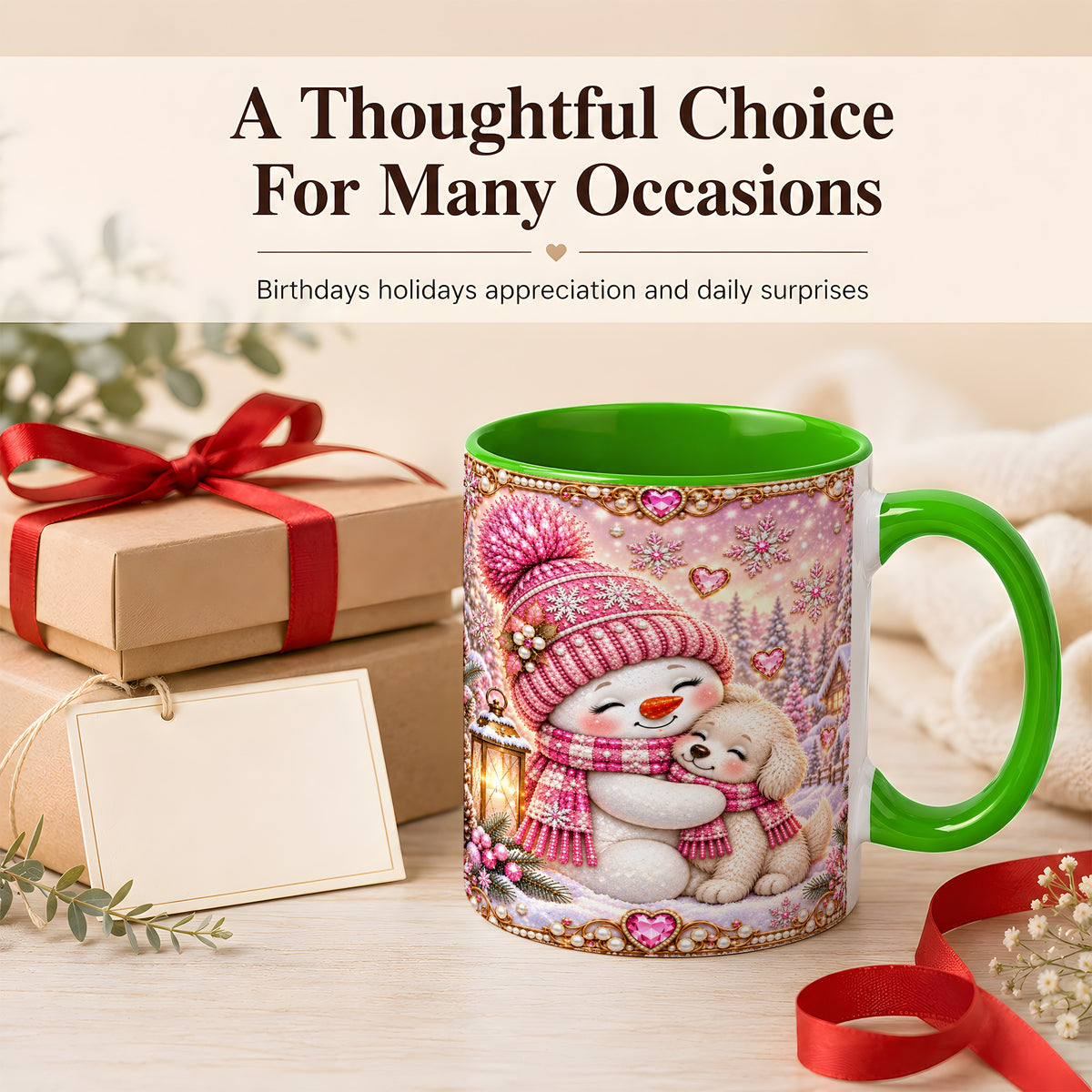 #pl[11oz|Green] Pink Snowman Dog Coffee Mug, Winter Mug, Ceramic Cup