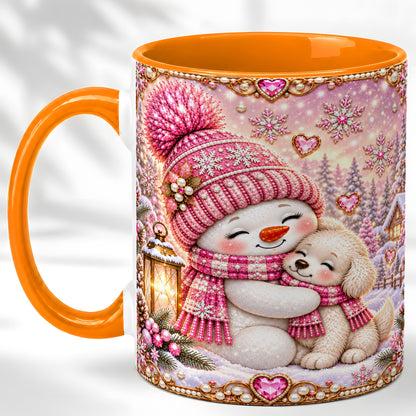 #pl[11oz|Orange] Pink Snowman Dog Coffee Mug, Winter Mug, Ceramic Cup