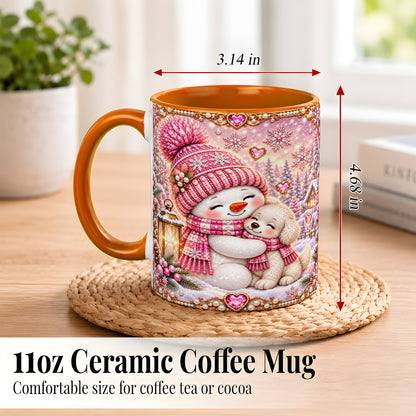 #pl[11oz|Orange] Pink Snowman Dog Coffee Mug, Winter Mug, Ceramic Cup
