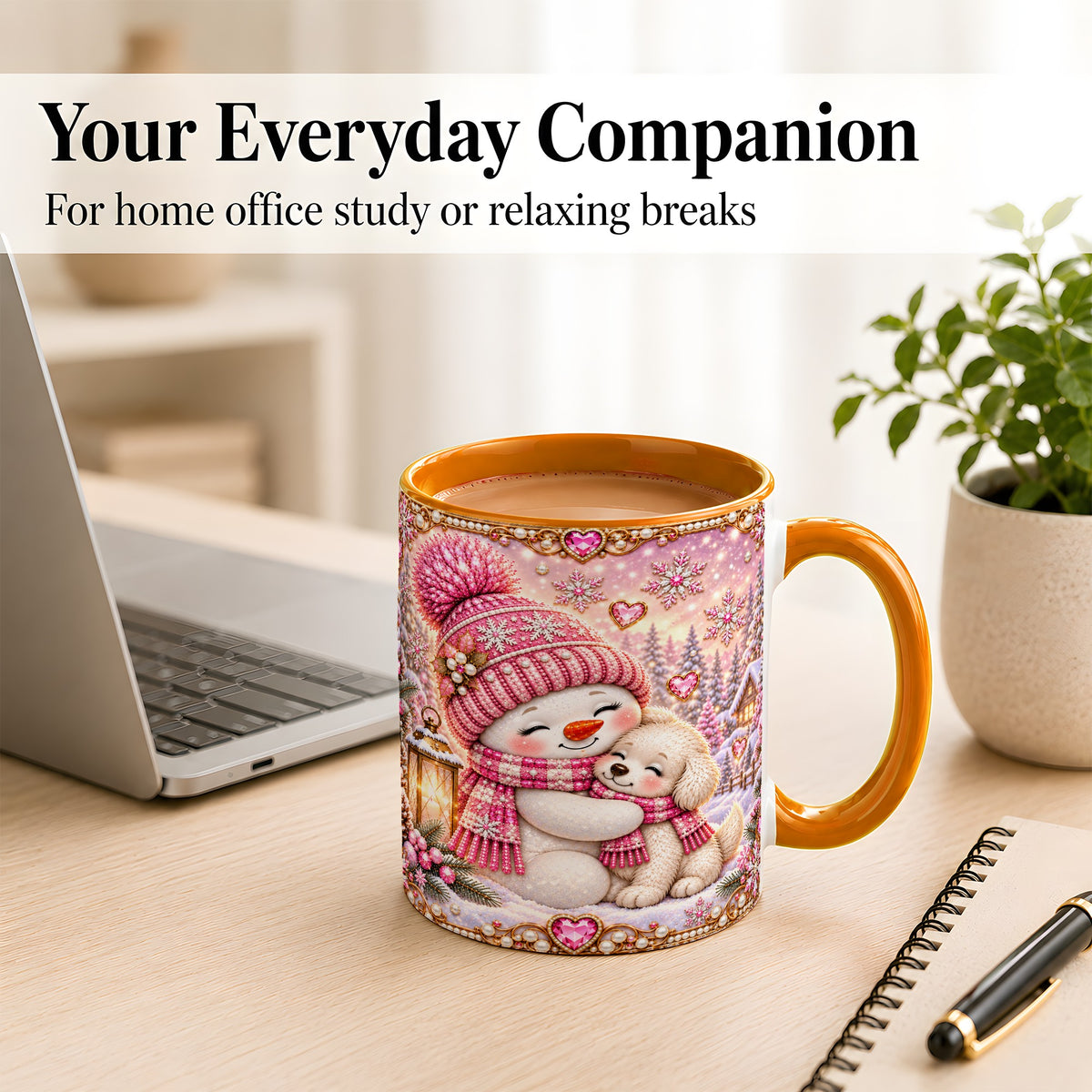 #pl[11oz|Orange] Pink Snowman Dog Coffee Mug, Winter Mug, Ceramic Cup