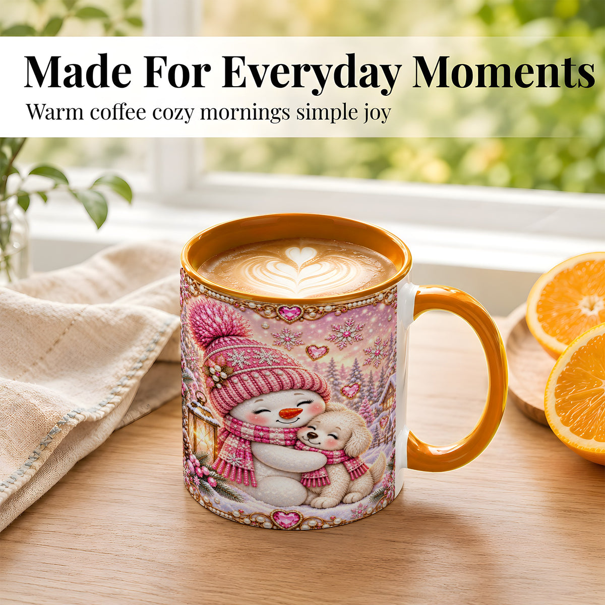 #pl[11oz|Orange] Pink Snowman Dog Coffee Mug, Winter Mug, Ceramic Cup