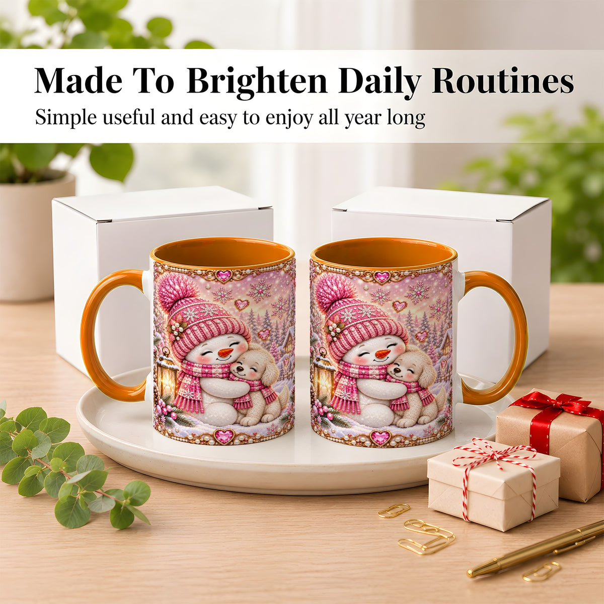 #pl[11oz|Orange] Pink Snowman Dog Coffee Mug, Winter Mug, Ceramic Cup