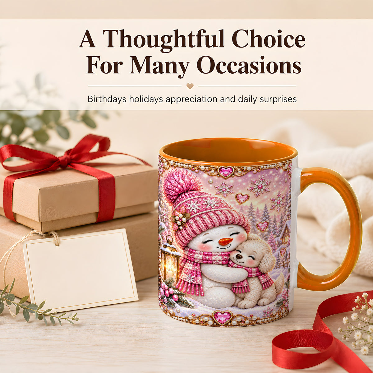 #pl[11oz|Orange] Pink Snowman Dog Coffee Mug, Winter Mug, Ceramic Cup