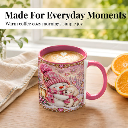 #pl[11oz|Pink] Pink Snowman Dog Coffee Mug, Winter Mug, Ceramic Cup