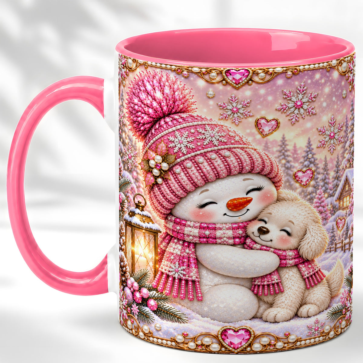 #pl[11oz|Pink] Pink Snowman Dog Coffee Mug, Winter Mug, Ceramic Cup