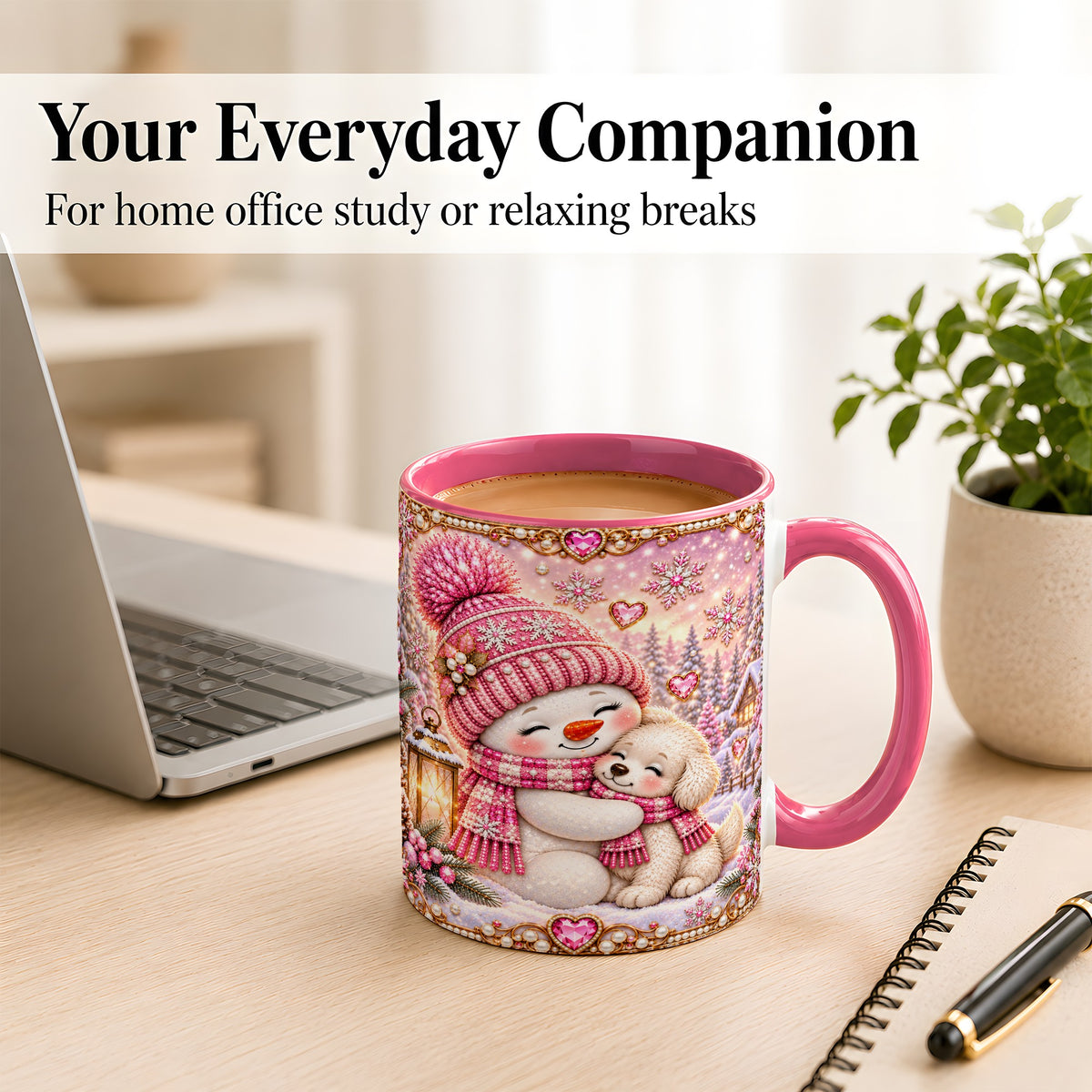 #pl[11oz|Pink] Pink Snowman Dog Coffee Mug, Winter Mug, Ceramic Cup