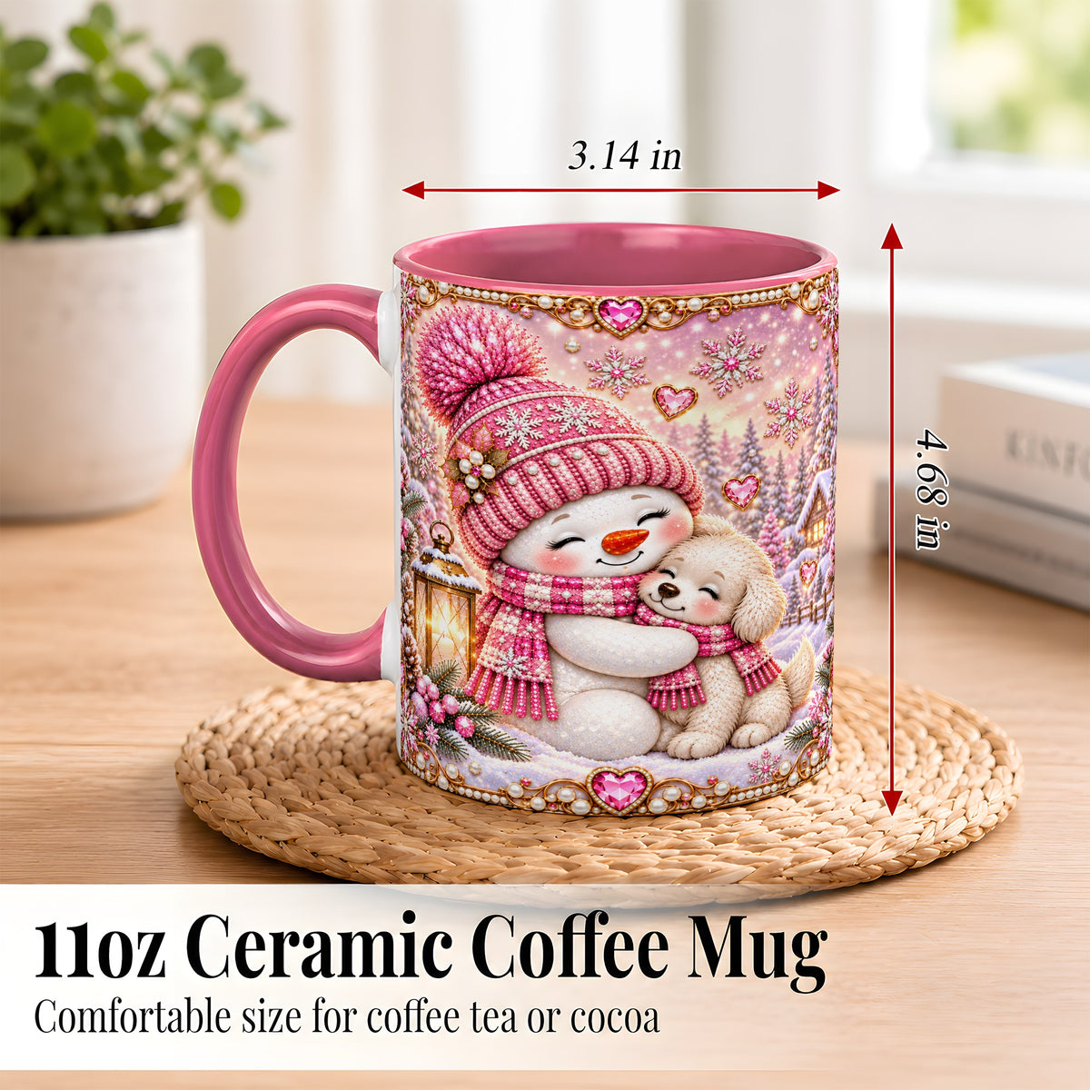 #pl[11oz|Pink] Pink Snowman Dog Coffee Mug, Winter Mug, Ceramic Cup