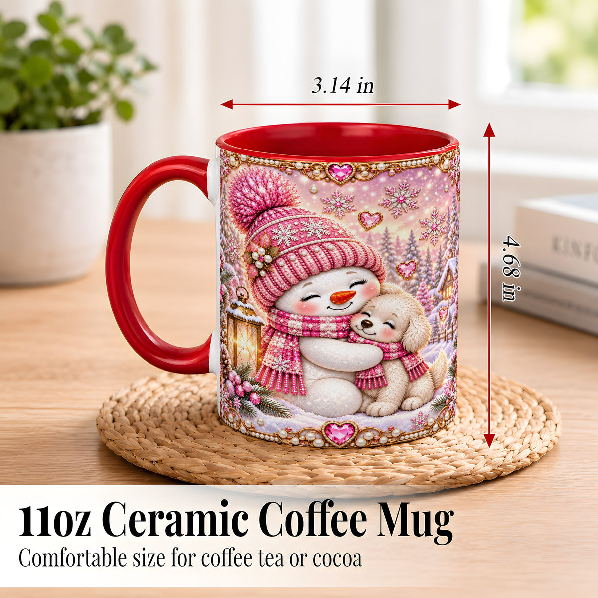 #pl[11oz|Red] Pink Snowman Dog Coffee Mug, Winter Mug, Ceramic Cup