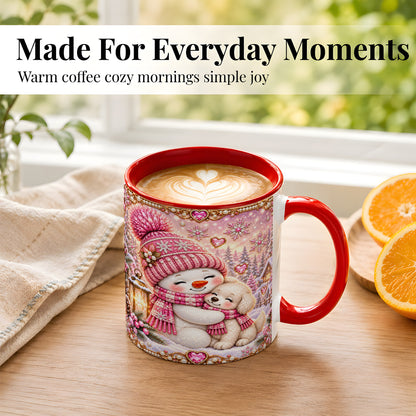 #pl[11oz|Red] Pink Snowman Dog Coffee Mug, Winter Mug, Ceramic Cup