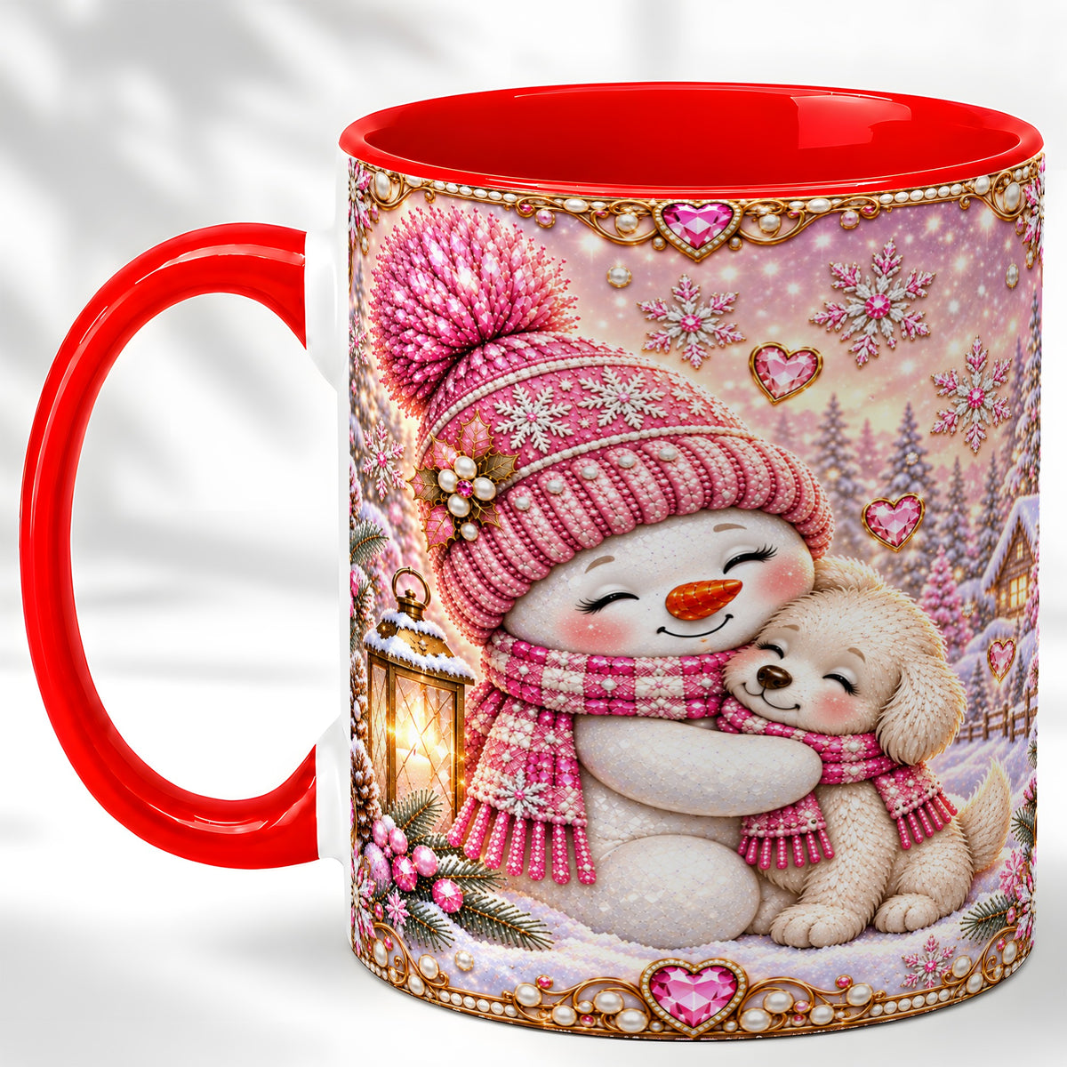 Pink Snowman Dog Coffee Mug, Winter Mug, Ceramic Cup