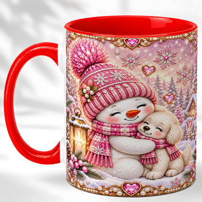 Pink Snowman Dog Coffee Mug, Winter Mug, Ceramic Cup