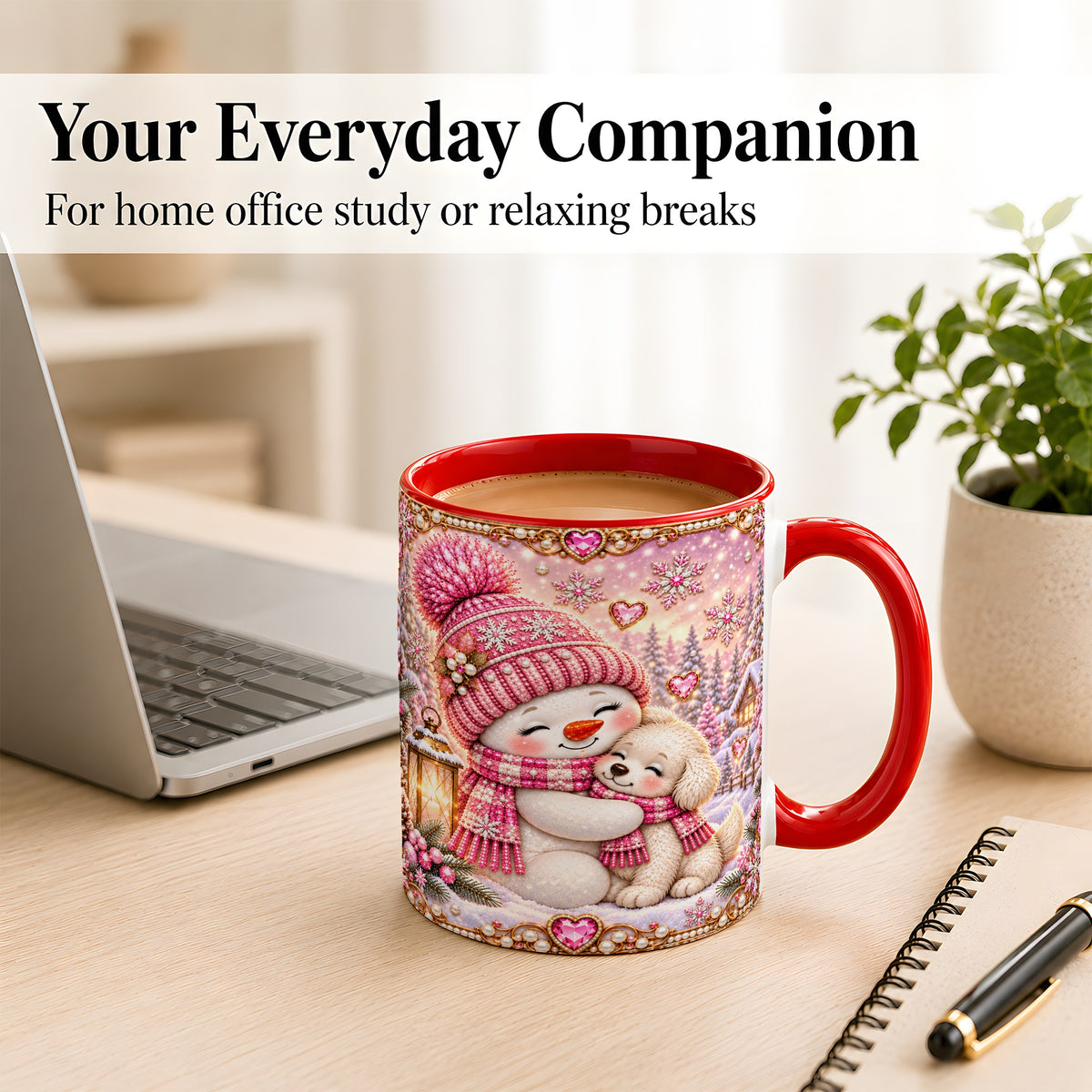 #pl[11oz|Red] Pink Snowman Dog Coffee Mug, Winter Mug, Ceramic Cup