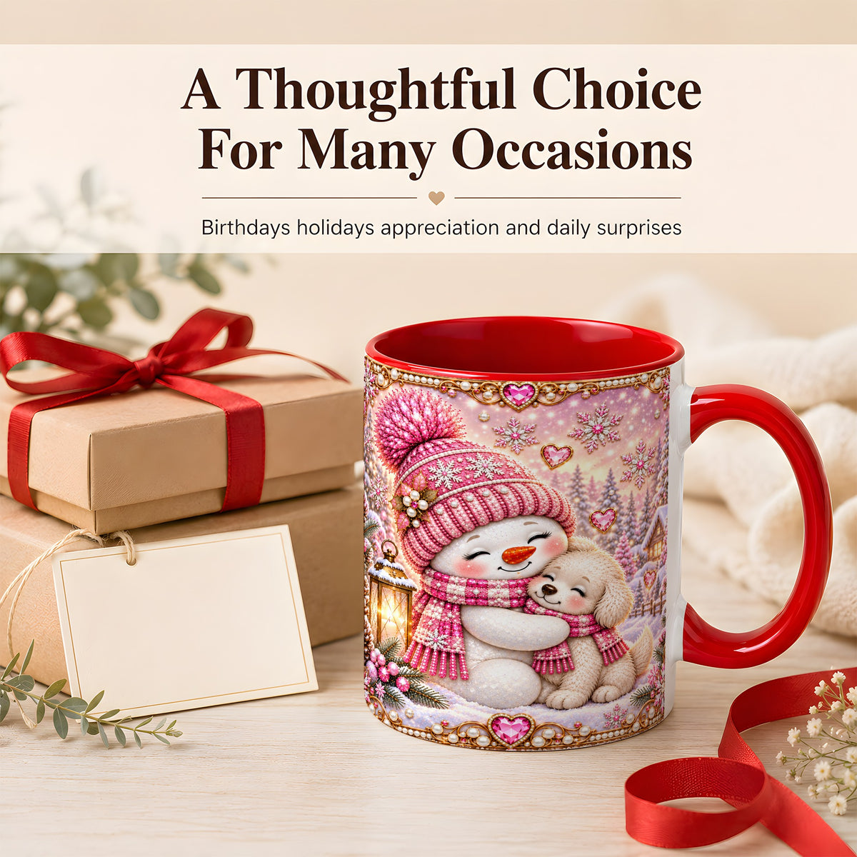 #pl[11oz|Red] Pink Snowman Dog Coffee Mug, Winter Mug, Ceramic Cup