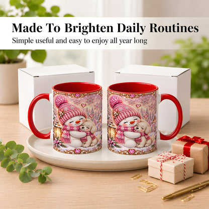 #pl[11oz|Red] Pink Snowman Dog Coffee Mug, Winter Mug, Ceramic Cup