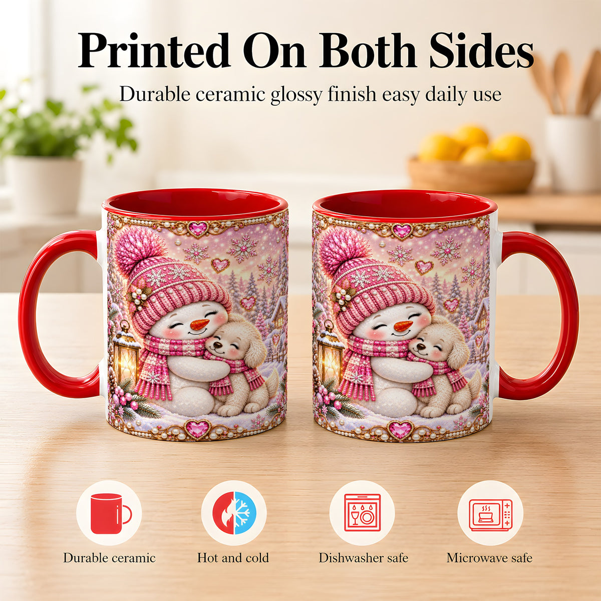 #pl[11oz|Red] Pink Snowman Dog Coffee Mug, Winter Mug, Ceramic Cup