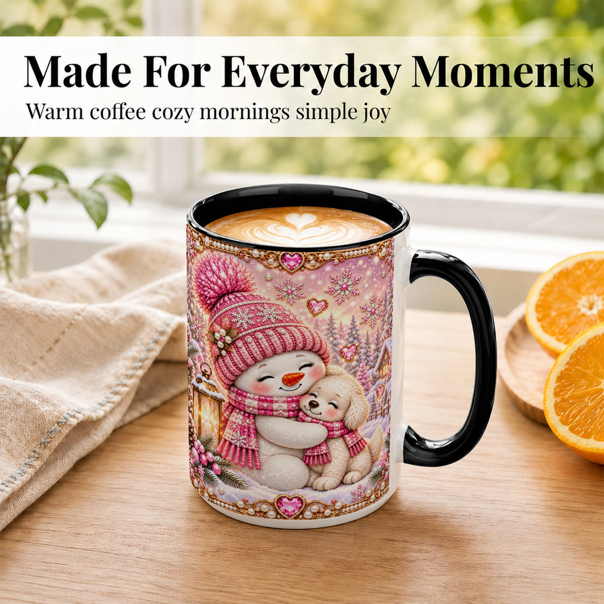 #pl[15oz|Black] Pink Snowman Dog Coffee Mug, Winter Mug, Ceramic Cup