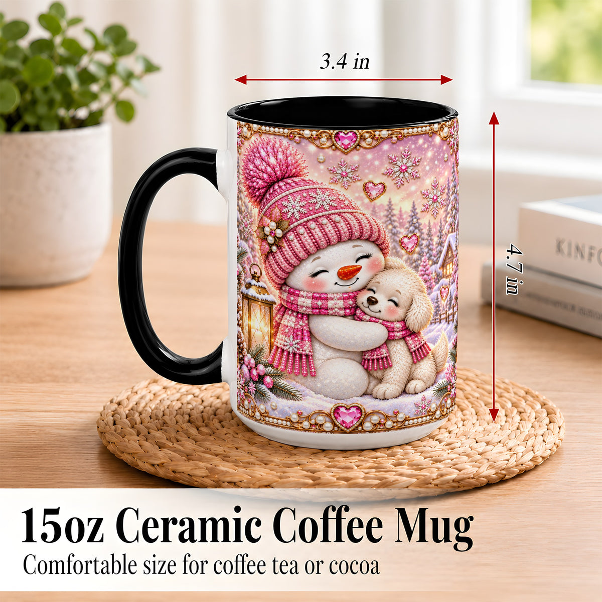 #pl[15oz|Black] Pink Snowman Dog Coffee Mug, Winter Mug, Ceramic Cup
