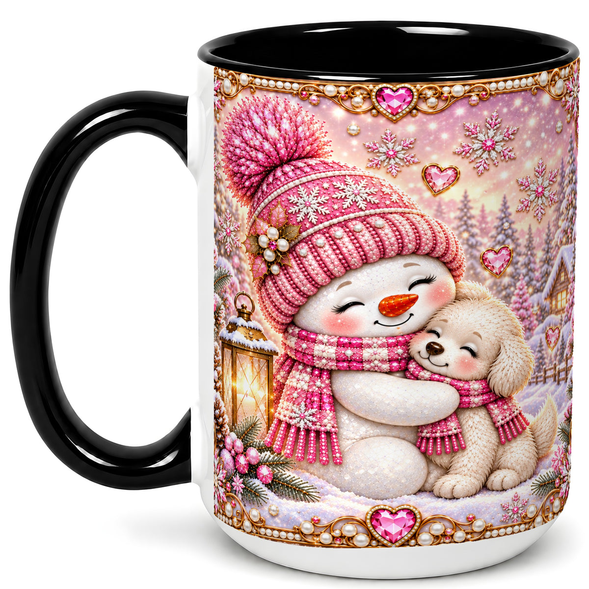 #pl[15oz|Black] Pink Snowman Dog Coffee Mug, Winter Mug, Ceramic Cup