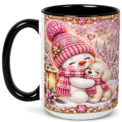 #pl[15oz|Black] Pink Snowman Dog Coffee Mug, Winter Mug, Ceramic Cup