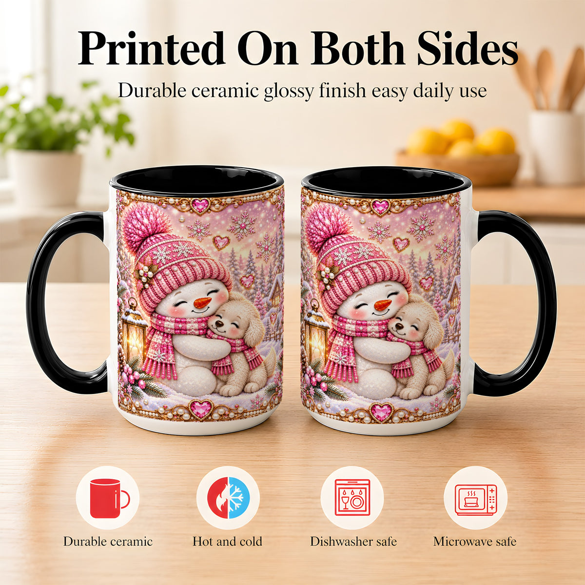 #pl[15oz|Black] Pink Snowman Dog Coffee Mug, Winter Mug, Ceramic Cup