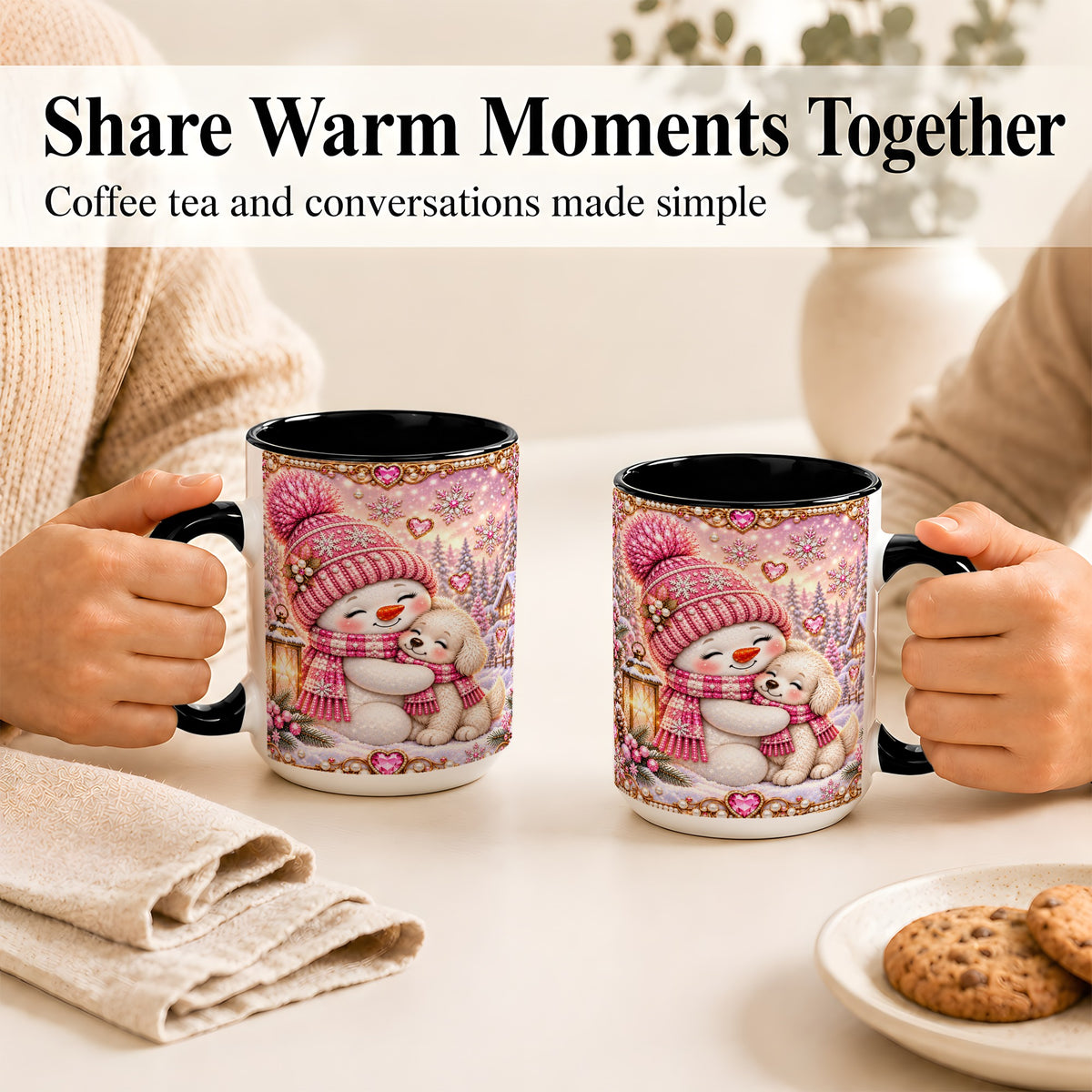 #pl[15oz|Black] Pink Snowman Dog Coffee Mug, Winter Mug, Ceramic Cup