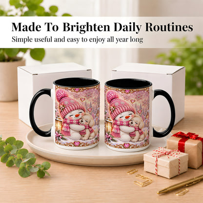 #pl[15oz|Black] Pink Snowman Dog Coffee Mug, Winter Mug, Ceramic Cup