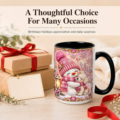 #pl[15oz|Black] Pink Snowman Dog Coffee Mug, Winter Mug, Ceramic Cup