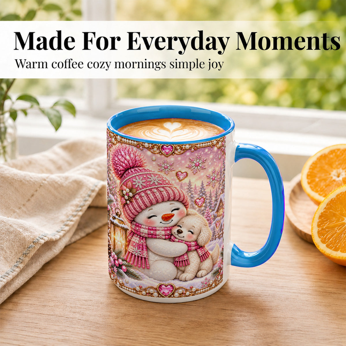 #pl[15oz|Blue] Pink Snowman Dog Coffee Mug, Winter Mug, Ceramic Cup