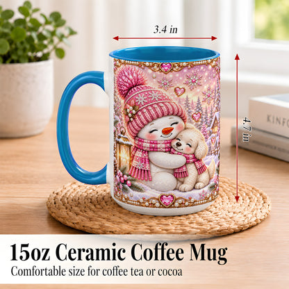 #pl[15oz|Blue] Pink Snowman Dog Coffee Mug, Winter Mug, Ceramic Cup