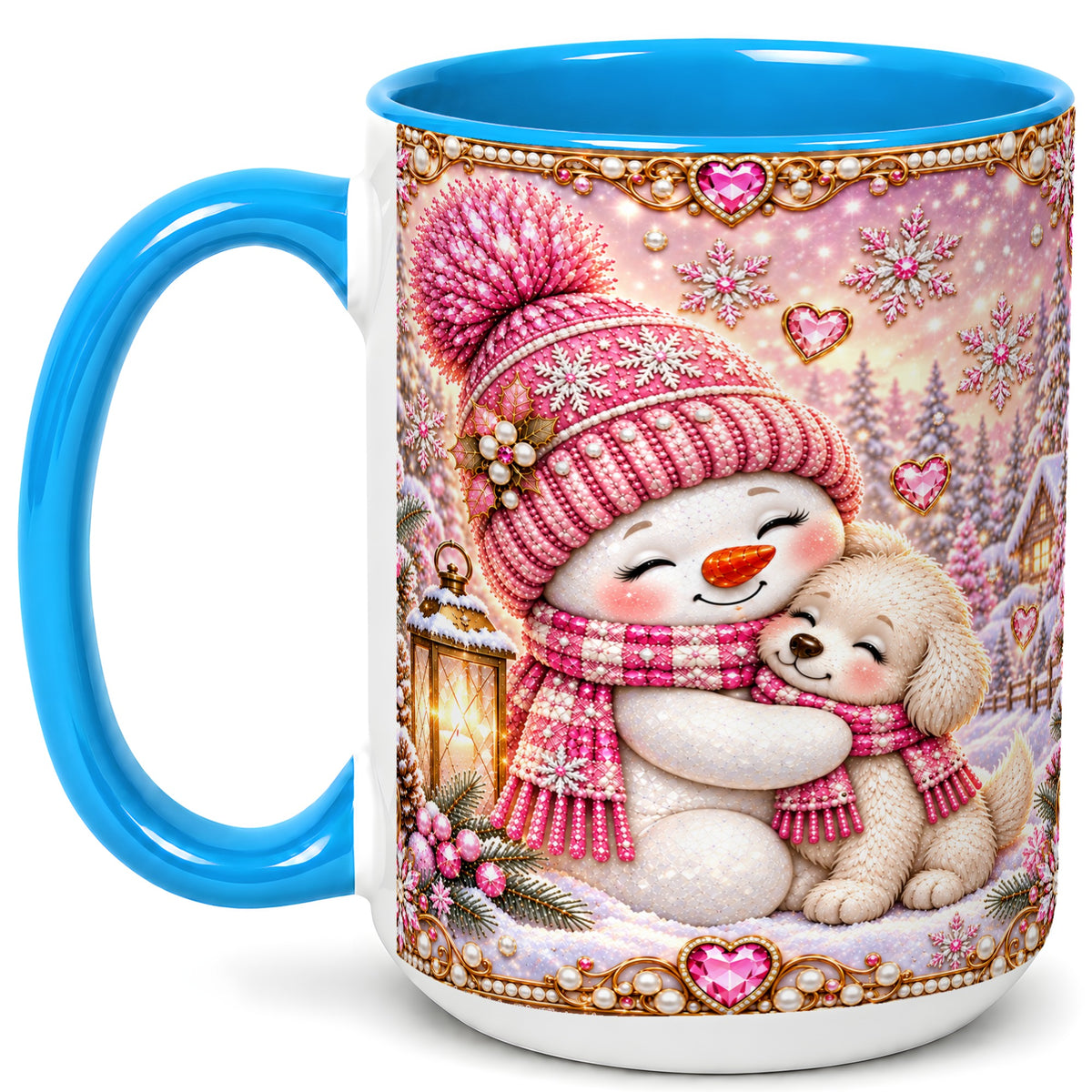#pl[15oz|Blue] Pink Snowman Dog Coffee Mug, Winter Mug, Ceramic Cup