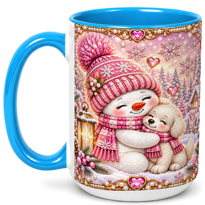 #pl[15oz|Blue] Pink Snowman Dog Coffee Mug, Winter Mug, Ceramic Cup