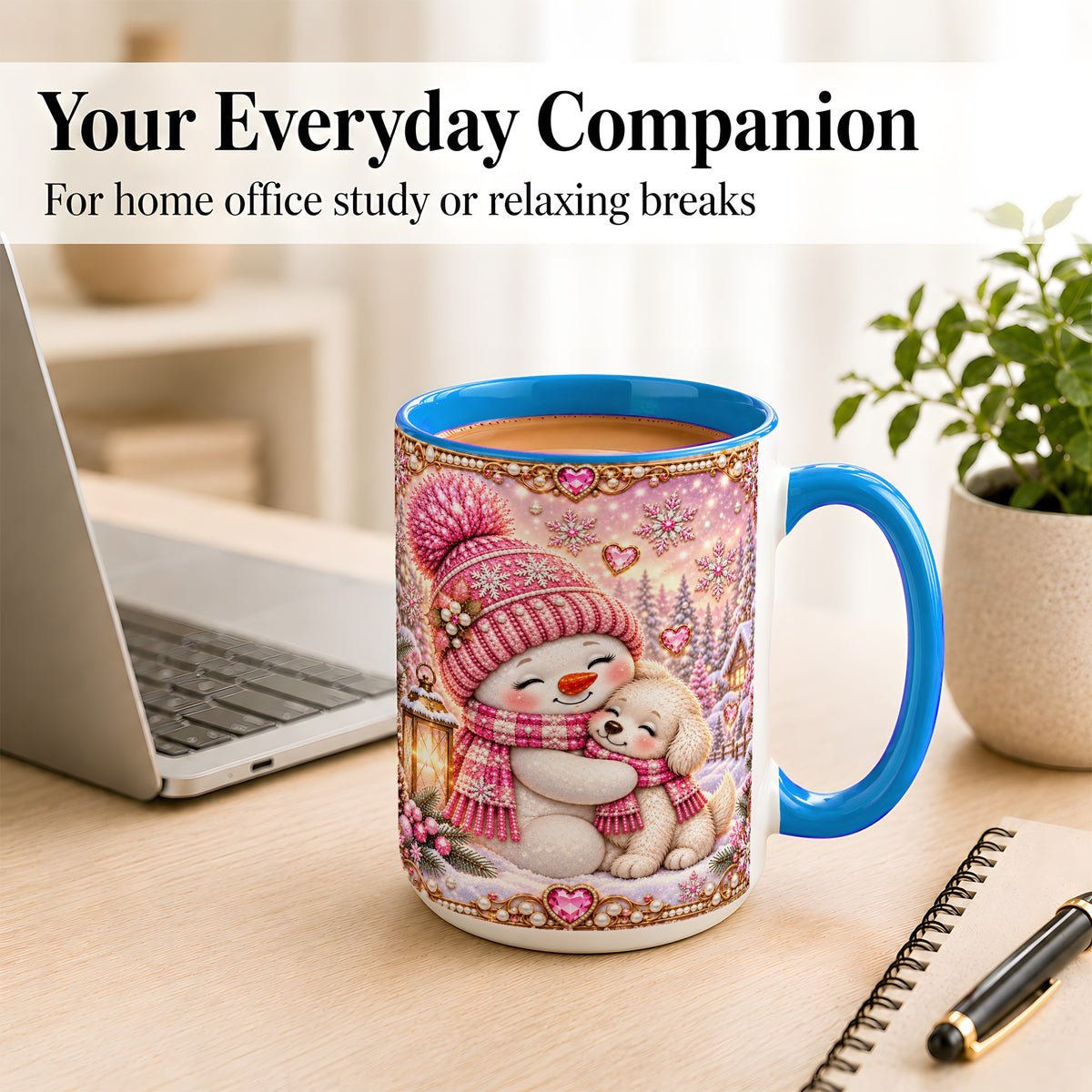 #pl[15oz|Blue] Pink Snowman Dog Coffee Mug, Winter Mug, Ceramic Cup
