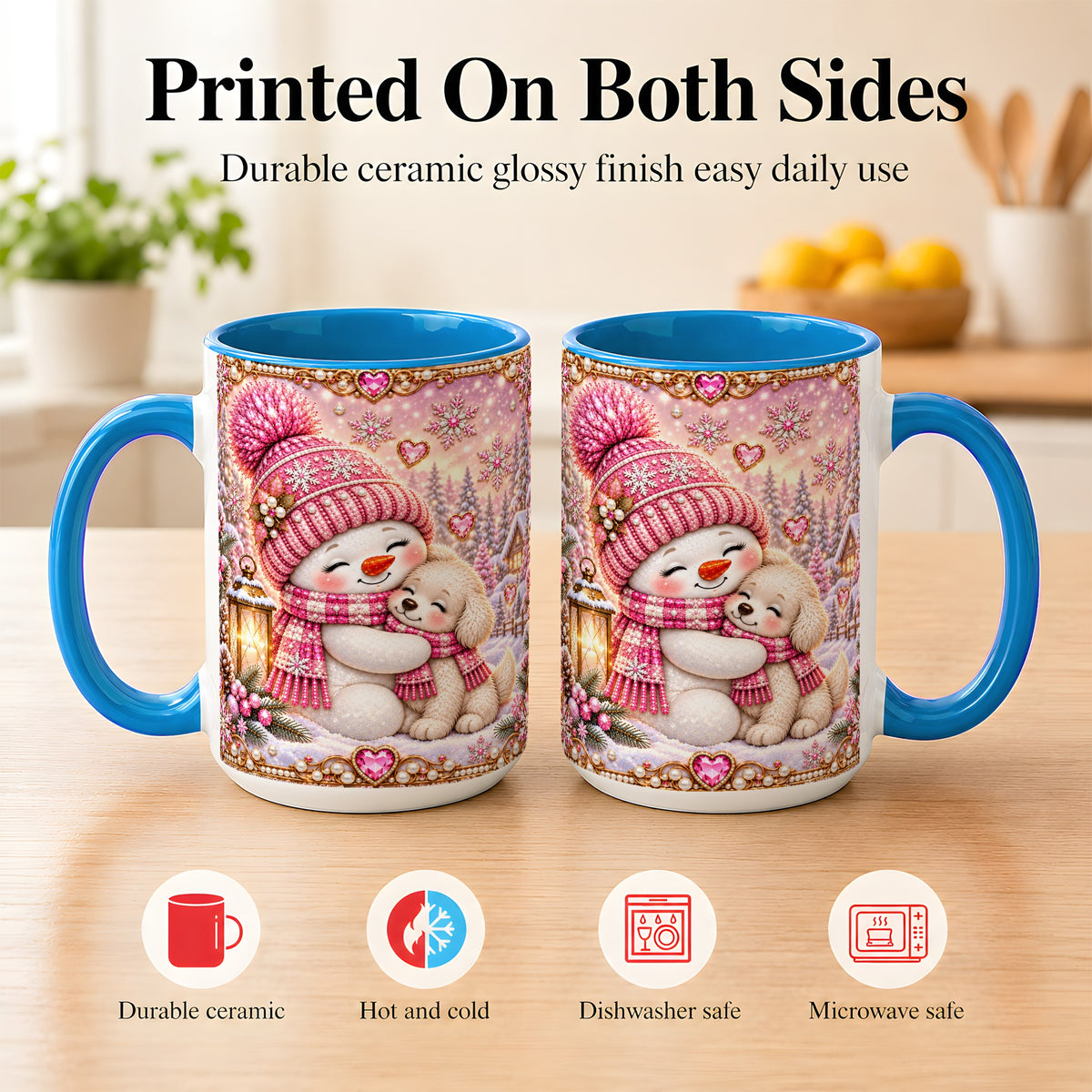 #pl[15oz|Blue] Pink Snowman Dog Coffee Mug, Winter Mug, Ceramic Cup